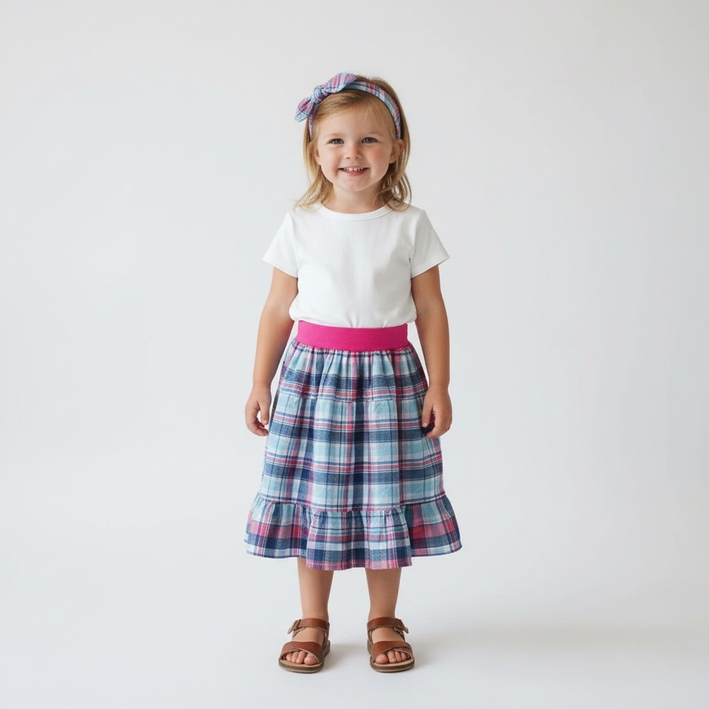 Skirt Girls 2/3 Pink &‎ Blue Plaid Ruffle Tier Long Cotton Mom and Pop's Kids